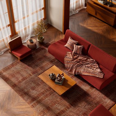 Sıcak ışık, organik materyaller ve rafine edilmiş minimum formları harmanlayan, sakin, yapıcı ve görsel olarak yapılandırılmış modern bir iç mekan sunan bir üst görünüm sahnesi. 3B illüstrasyon