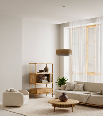 Bu sıcak iç döşeme yumuşak kumaşlar, doğal ahşap dokular ve havadar bir düzenle hafif gün ışığı içerir, doğal fotokopi alanı ve sakin, ahenkli bir atmosfer çizimi sunar.