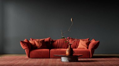 Huysuz tonlarla, sıcak ortam dokusuyla ve sakin ve rahat bir modern yaşam atmosferini geliştiren minimum dekorasyonla düzenlenmiş çağdaş negatif uzay iç tasarımı. 3B illüstrasyon