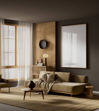 Çerçeve kaplamalı karamsar sahne, ahşap aksanlı ve atmosferik ışıklandırmalı iç dekorasyon için düzenlenmiş poster. 3B illüstrasyon