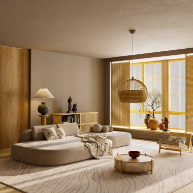 Heykel, kanepe ve yumuşak doğal ışık uyumunu gösteren zarif geniş bir iç mekan geniş görüş alanına sahip. 3B illüstrasyon.