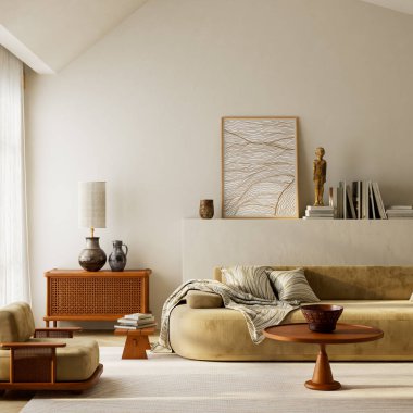 Sıcak bej bej Japon iç tasarımı, ahşap mobilyalar, rahat dokular ve doğal ışık geniş bir kopya uzay duvarıyla minimum dingin bir atmosfer yaratıyor. 3B illüstrasyon.