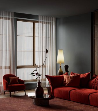 Zengin kırmızı koltuklar, ince ortam aydınlatması ve rafine edilmiş rahat ev tasarımı ve sıcak atmosfer için tasarlanmış çağdaş yaşam estetiği içeren modern karanlık iç mekan. 3B illüstrasyon