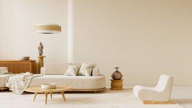 Parlak yumuşak gün ışığı, ferah, temiz bir duvar ve sıcak doğal malzemeler heykel dekoru ve ahşap dokular ile dengeli bir modern ortam oluşturan sakin, negatif bir alan yaratıyor. 3B illüstrasyon