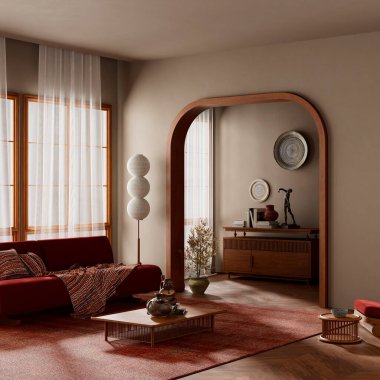 Bu organik modern iç mekan doğal ahşap, el yapımı dcor, topraksı tekstil ve yumuşak ışıklandırmayı orta yüzyıl dokunuşlarıyla harmanlayarak huzurlu ve sıcak bir yaşam alanı oluşturur.