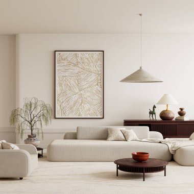 Rahat İskandinav alanı kıvrımlı kanepe, ışık dolu atmosfer, dünyevi tonlar ve detaylı sanat eserleri dengeli bir çağdaş iç mekan yaratıyor. 3B illüstrasyon