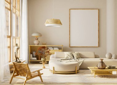 Kanepe, sehpa ve boş duvar boşluğuyla en az Japandi oturma odası sahnesi metin, poster ya da markalaştırma için, aydınlık gün ışığı estetiği, 3 boyutlu illüstrasyon.