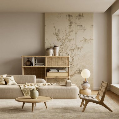 Doğal malzemeler, hafif ışıklandırma, tarafsız oda ve poster çerçeve düzeninin yer aldığı minimum Japon iç mimarisi ev dekorasyonu için sakin bir ortam yaratıyor. 3B illüstrasyon