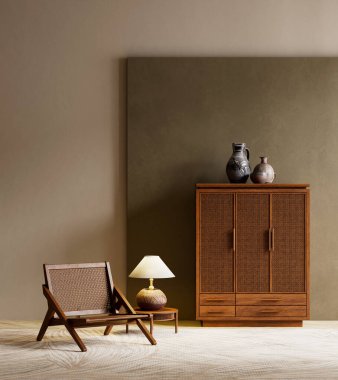 Ilık ahşap, hafif ışıklandırma ve asgari doğal dekor ile sakin, dengeli, çağdaş bir yaşam alanı oluşturan organik modern iç mekan. 3B illüstrasyon