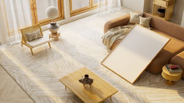 Düz görünüm, ahşap yüzeyler, yumuşak gün ışığı ve nötr estetik bileşimi içeren, markalaştırma temeli, ürün sunumu ya da tasarım ruh hali planı için idealdir. 3B illüstrasyon.