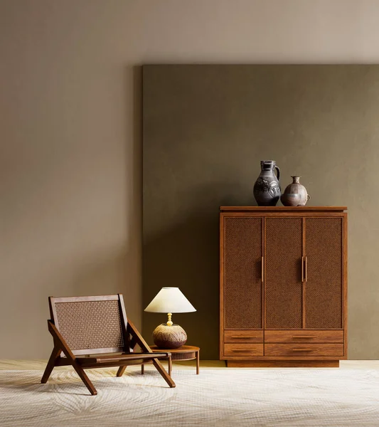 Ilık ahşap, hafif ışıklandırma ve asgari doğal dekor ile sakin, dengeli, çağdaş bir yaşam alanı oluşturan organik modern iç mekan. 3B illüstrasyon