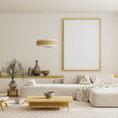 Bej kanepe, ahşap masa ve Japandi armonisi dengeli editoryal markalaşma görselleri için bonsai bitkisinin yer aldığı çağdaş iç modelleme. 3B illüstrasyon.