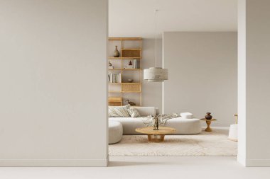 Yumuşak nötrler, ahşap detaylar ve açık negatif alan yaratmak için düzenlenmiş yumuşak kumaşlar ile parlak iç mekan, modern yerleşimlerde doğal kopya alanı ve netliği artırır. 3B illüstrasyon