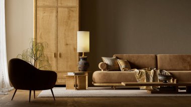 Sıcak ahşap dokular, nötr tonlar, yumuşak aydınlatma ve sakin, dengeli bir yaşam alanı için özenle tasarlanmış modern mobilyalar içeren çağdaş bir iç mekan. 3B illüstrasyon