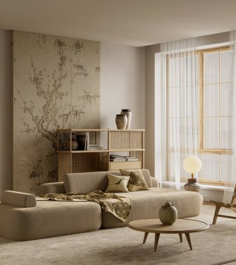 Japandi oturma odası, temiz bir ortam, dengeli kompozisyon ve model poster çerçevesi, modern ev tasarımı fikirleri için mükemmel. 3B illüstrasyon