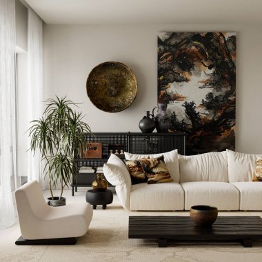 Bu cesur Japon iç mimarisi, sakin minimalizmi daha güçlü bir kontrastla, doğal malzemelerle ve heykeltraşlıkla birleştirir. Dengeli tonlar ve ince detaylar modern derinlik ve görsel uyum yaratır. 3B illüstrasyon