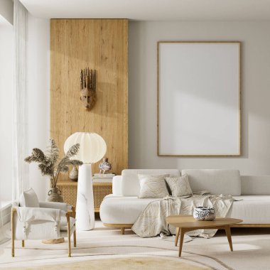 Tarafsız oturma odası, ahşap duvar aksanı ve modern iç tasarım gösterileri için tasarlanmış bir poster çerçevesi. 3B illüstrasyon