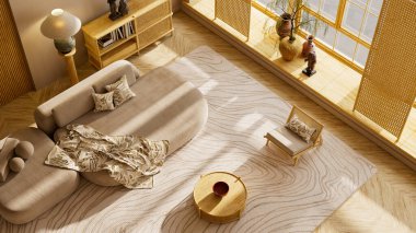 Yukarıdan alınan sıcak nötr bileşim, denge ve heykel detaylarını vurguluyor. 3B illüstrasyon