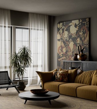 Kalın kontrast ve çarpıcı ışıklandırma bu karanlık huysuz japandi yaşam alanını şekillendirir. Toprak tonlarını, organik dokuları ve minimalist formları birleştirerek modern iç mekan havasını oluşturur. 3B illüstrasyon