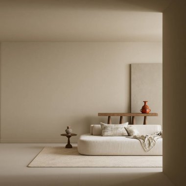 Tarafsız bir kanepe, heykel ahşap bir kaide ve nazik bir gün ışığı ile negatif alanı vurgulayan sakin bir iç mekan sakin bir minimalist hava yaratıyor.