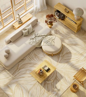 Sade bir bej kanepe, doğal dokular ve sıcak güneş ışığı içeren, nötr bir estetik şablon arka planı ya da sakin tasarım ortamı ve ürün sunumu için markalaştırma tabanı olan minimum Japon iç görünüşü. 3B illüstrasyon.