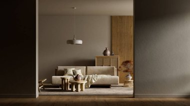 Organik dcor, sessiz tonlar ve sakin ve görsel olarak dengeli bir ortam yaratan sıcak malzemelerle donatılmış çağdaş negatif bir iç mekan.