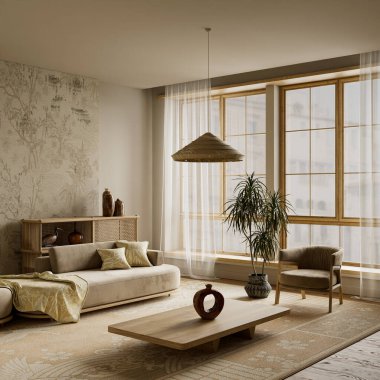 Sakin bir japandi iç tasarımı, minimalist mobilyalar, doğal ahşap yüzeyler, yumuşak tekstil ve sıcak, sakin ve modern bir yaşam ortamı yaratmak için gün ışığı. 3B illüstrasyon