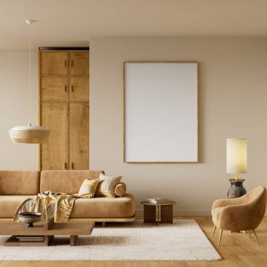 Temiz ve dengeli bir iç çevre, ince malzemeler ve sanat eserleri sergisi için uygun hafif ışıklandırmalarla bir poster çerçevesini ön plana çıkarıyor. 3B illüstrasyon