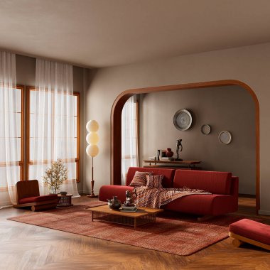 Açık, uyumlu ve görsel olarak sakin bir iç konsept sunmak için organik maddeleri, yumuşak ışıklandırmayı, toprak tonlarını ve dekorları harmanlayan geniş açılı bir sahne. 3B illüstrasyon