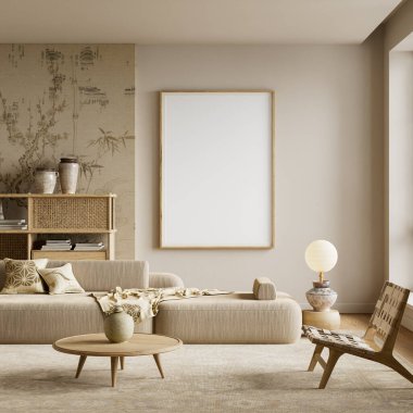 Nötr palet, ahşap dokular, ince ışıklandırma ve taklit poster çerçeveli, sakin ve rahat bir ev ortamı yaratıyor. 3B illüstrasyon