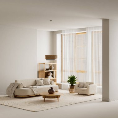 Ilık tarafsız, dokunmuş yüzeyleri ve yumuşak gölgeleri olan parlak bir oda. Sahne geniş kopya alanını korur, yumuşak döşeme ve ahşap detayların sakin ve rafine bir iç mekan oluşturmasına izin verir.