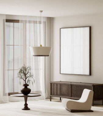 Japandi 'nin nötr iç mimarisi poster çerçeve maketi, rattan doku duvarı ve doğal gün ışığı tonlarıyla markalaşma sunumu için sakin bir estetik arka plan oluşturur. 3B illüstrasyon.