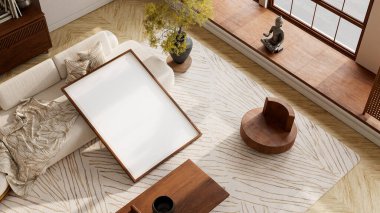 Dengeli poster çerçevesi yerleştirme, yumuşak tekstil dokunuşları ve rafine görsel sunum için sıcak gölgeler içeren genel model sahnesi. 3B illüstrasyon.