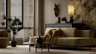 Lüks, kasvetli oturma odası iç mekanı sinematik ışıklandırma, desenli duvar yüzeyleri, zarif kanepe ve modern iç tasarım kavramları için rafine edilmiş dekorasyon. 3B illüstrasyon