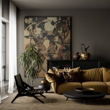 Topraksı paletler ve dramatik gölgeler bu koyu, iç karartıcı japandi yapısını şekillendirir, organik dokuları ve modern mobilyaları birleştirerek rafine edilmiş bir sinema alanına dönüştürür. 3B illüstrasyon