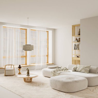 Yumuşak nötrler, ahşap detaylar ve açık negatif alan yaratmak için düzenlenmiş yumuşak kumaşlar ile parlak iç mekan, modern yerleşimlerde doğal kopya alanı ve netliği artırır. 3B illüstrasyon