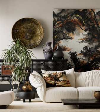 Kalın japandi iç yapısı kontrast, minimum mobilya ve organik dokulara odaklanır. Doğal tonlar ve kontrollü ışıklandırma modern uyumu ve uzamsal derinliği artırır. 3B illüstrasyon