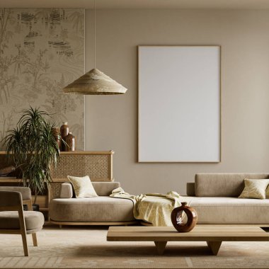 Huzurlu bir japandi iç dekorasyonu, minimalist mobilyaları, doğal ahşap dokuları ve yumuşak gün ışığıyla sakin, dengeli ve modern bir yaşam alanı yaratıyor. 3B illüstrasyon