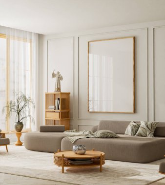 Modern bej oturma odası, ahşap mobilyalar ve doğal ışık altında duvar çerçevesi maketi olarak tasarlanmış rattan sandalyeyle donatılmış. 3B illüstrasyon.