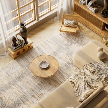 Yumuşak bej renkler, ahşap mobilyalar, doğal ışık ve rahat minimalist dekor içeren, sıcak ve uyumlu modern bir ev atmosferi yaratan, parlak Japandi oturma odası. 3B illüstrasyon.