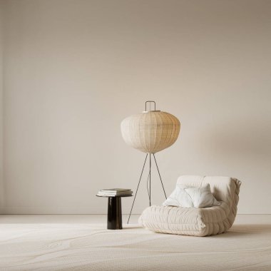 Güçlü negatif tonlara, doğal ışığa ve modern iç tasarım kullanımı için tasarlanmış basit mobilyalara sahip minimum japandi oturma odası. 3B illüstrasyon