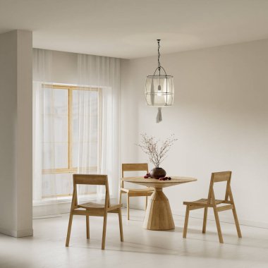 Geniş açılı japandi yemek odası içinde ahşap masa ve sandalyeler, katıksız perdeler, yumuşak doğal ışık ve nötr palet, dingin bir modern alan yaratıyor. 3B illüstrasyon