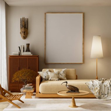 İçinde bej bir kanepe, ahşap dokular, desenli yastıklar ve iç tasarım veya markalaşma sunumları için mükemmel bir poster çerçevesi olan hafif Japon iç mekanı. 3B illüstrasyon.