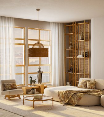 Japandi tarzı oturma odasının içinde rahat ahşap mobilyalar, sıcak tonlar, yumuşak gün ışığı ve minimalist modern tasarım atmosferi var. İç tasarım sunumu ya da markalaşması için mükemmel bir ev dekorasyonu. 3B illüstrasyon.