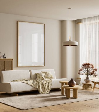 Geniş nötr yüzeyler ve doğal dokular bu İskandinav sahnesini tanımlar, sanat eserleri veya marka görselleri için temiz bir poster çerçevesi sunar. 3B illüstrasyon