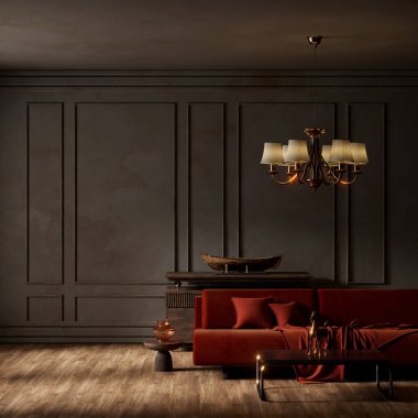 Ilık avize aydınlatması, derin gölgeler, klasik duvar panelleri ve zengin dokuların yer aldığı kasvetli oturma odası sinematik, zarif ve lüks bir iç mekan yaratıyor. 3B illüstrasyon
