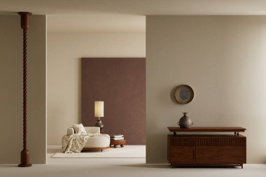 Tarafsız kumaşlar, yumuşak tonlar, katmanlı dokular ve sıcak gün ışığı ile sakin ve modern iç mekan, rahat bir minimalist atmosfer yaratıyor.