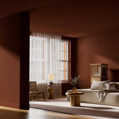 Terracotta aksanlı huysuz oturma odası ahşap dokular, sıcak yumuşak parıltı ve modern rafine iç tasarım için geniş bir negatif alan düzeni sergiliyor. 3B illüstrasyon.