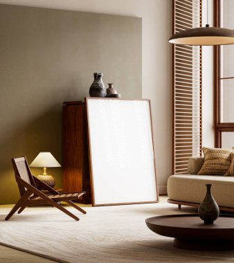 Ilık ahşap, asgari dekor, yumuşak ışıklandırma, bej tekstil ve modern koltukları birleştirerek berraklığa odaklanmış rahatlatıcı bir organik modern kompozisyon yaratmak. 3B illüstrasyon