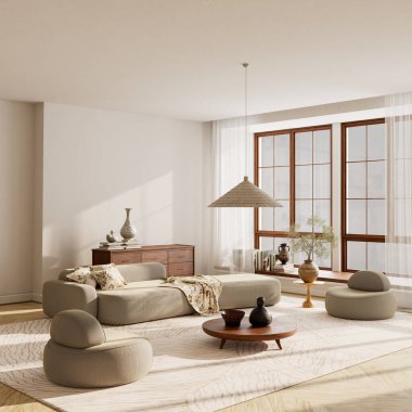 Geniş modern iç mekan, rahat oturma, ahşap dolap ve doğal ışık altında organik aksanlar içeren geniş bir perspektifle çekildi. 3B illüstrasyon.